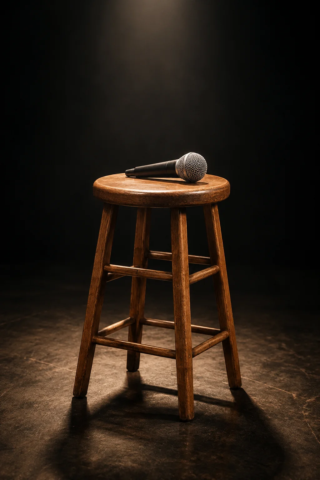 A handheld microphone resting on an oak stool under a single studio spotlight.